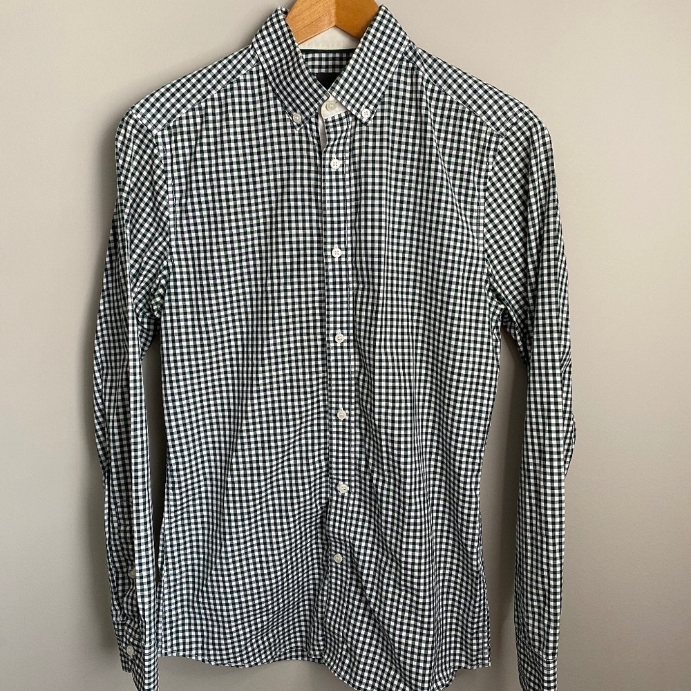 H&M Men's‎ Dark Green Mini Check Plaid Long Sleeve Button Up Shirt Size Small